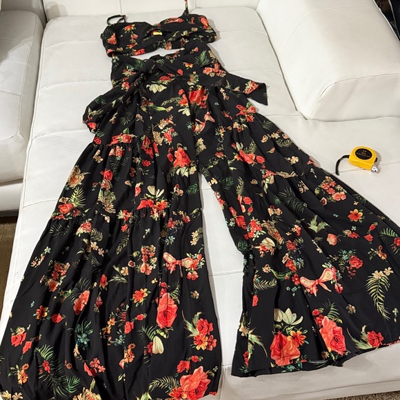 NWT Agua Bendita black wide leg floral flowy pants w/ matching coord top small